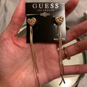 Guess earrings heart diamond paved studs long tassels gold tone 2pc lock back